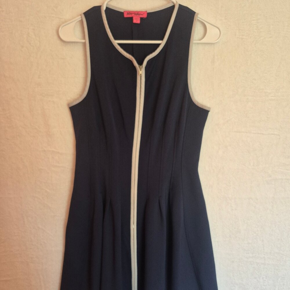 Betsey Johnson Dress Sz 10 Navy Blue Fit & Flare Zip Preppy Designer Clean Girl